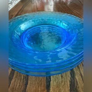 Set of 4 vintage Bormioli Rocco Palatina Azure Blue Hammered Glass Bowls peacock